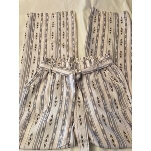 Rewash‎ Women's Paperbag Waist Linen Blend Striped Wide Leg Pants Size M